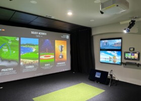 Fully automated tech featuring subwoofers, Apple TV, TrackMan 4, roll down screen, 600 lumen laser projector and high speed video analysis with LED lighting – New Mexico Fully automated tech featuring subwoofers, Apple TV, TrackMan 4, roll down screen, 600 lumen laser projector and high speed video analysis with LED lighting – New Mexico