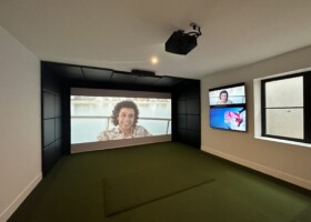 Features: Uneekor EYE XO, High Performance PC, 5100 Lumen Laser Projector, Dual Screen System, and Custom Vinyl Wall Pads – New York Features: Uneekor EYE XO, High Performance PC, 5100 Lumen Laser Projector, Dual Screen System, and Custom Vinyl Wall Pads – New York