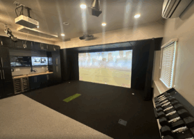 Now this is our kind of garage! Centered around golf performance, this space perfectly combines a golf simulator with a complete home gym - New Jersey Now this is our kind of garage! Centered around golf performance, this space perfectly combines a golf simulator with a complete home gym - New Jersey